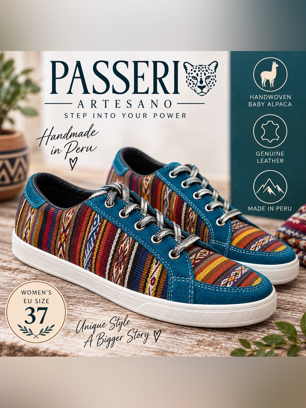 PASSERI Artesano Handmade Peru Teal Alpaca Leather Sneakers Women’s EU 37